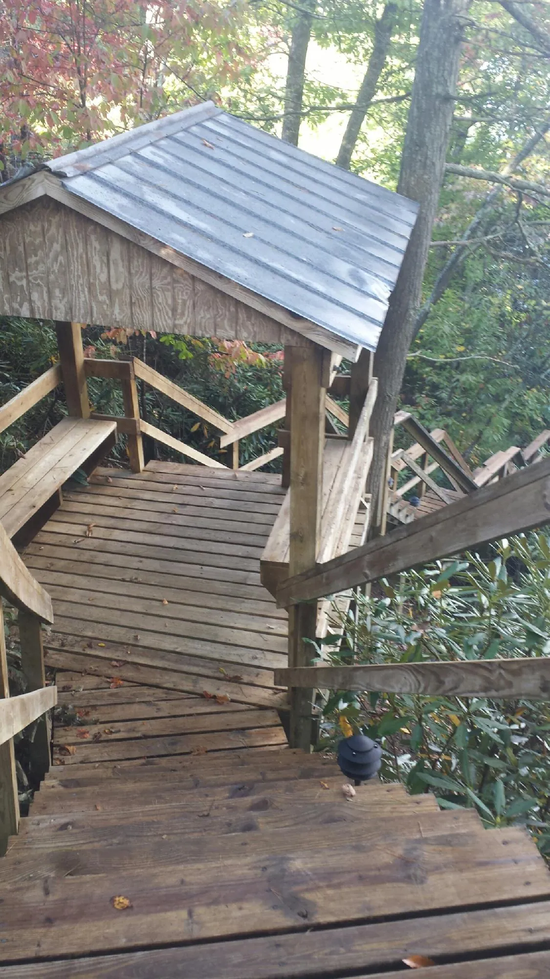 Metal roofed shelter over wooden steps on a wooded walkway — Skylight Repair & Installation work by our crew in Vernonia